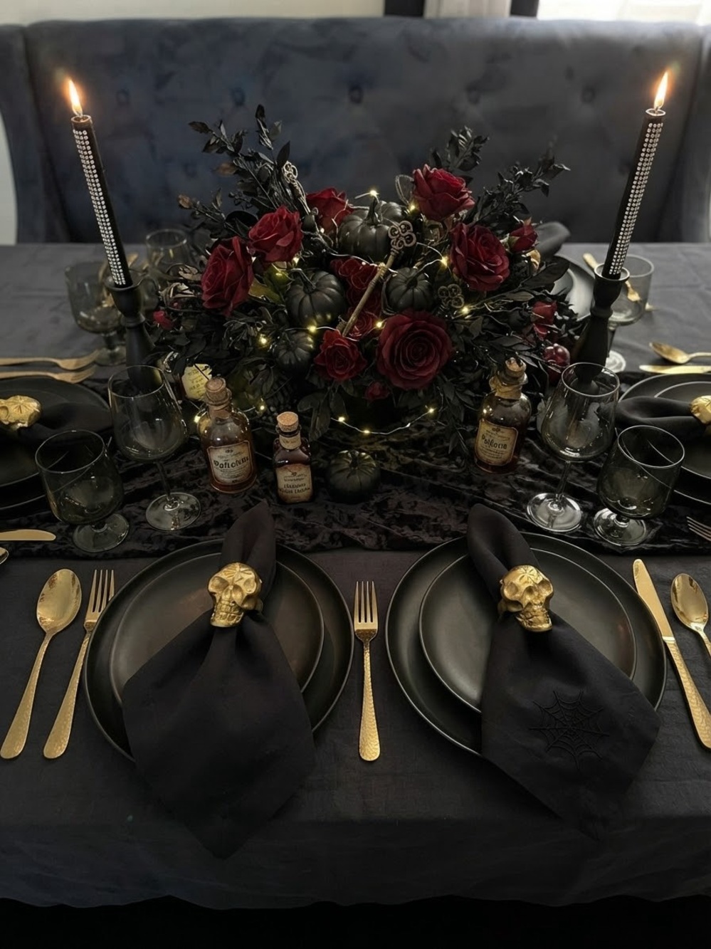 Gold Gothic Skull Napkin Rings & Decorative Table sheer cloth with gold skulls
